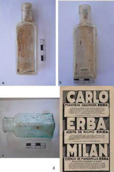 Figura 11. a: envase de Aceite de Ricino Carlo Erba P.A. Cabildo; b: envase de Óleo P.A. Cabildo; c: frasco de Magnesia Calcinata P.A. Alberdi e Ituzaingo; d: Publicidad de productos Carlo Erba