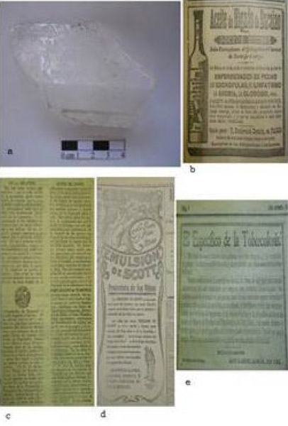 Figura 12. a: Fragmento de recipiente de hígado de bacalao P.A. Alberdi e Ituzaingo; b, c, d, e: Publicidades de Diario Los Andes 1910