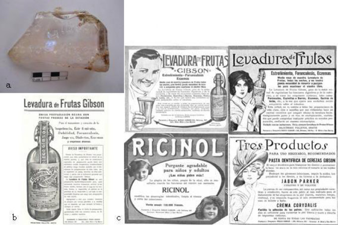 Figura 14. Farmacia Gibson de Buenos Aires. a: Fragmento de envase P.A. Moreno y Alberdi; b: publicidad Revista Caras y Caretas 1915; c: publicidad Revista Caras y Caretas 1915; d: publicidad Caras y Caretas 1915