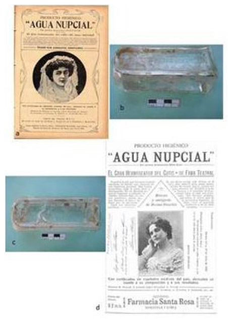 Figura 16. a: Publicidad de Agua Nupcial Revista Caras y Caretas 1906; b: envase Producto higiénico farmacéutico P.A. Alberdi e Ituzaingo; c: dorso del envase Agua Nupcial para hermosear el cutis; d: publicidad Revista Caras y Caretas 1905