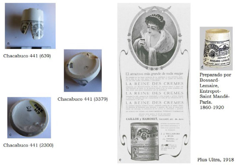 Figura 18. a, b y c: Fragmentos de potes de crema facial recuperados en el punto arqueológico Chacabuco 441; d: ejemplo de un pote completo de La Reine Des Cremes; e: Publicidad Suplemento Plus Ultra 1918