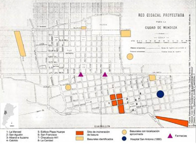 Figura 20. Plano de la ciudad de Mendoza. Se referencian puntos arqueológicos, basurales, sitios de incineración de basura y farmacias (confeccionado por Fernando Hernández a partir de datos de Coni 1897 y Prieto, Castrillejo y Dussel 2006)