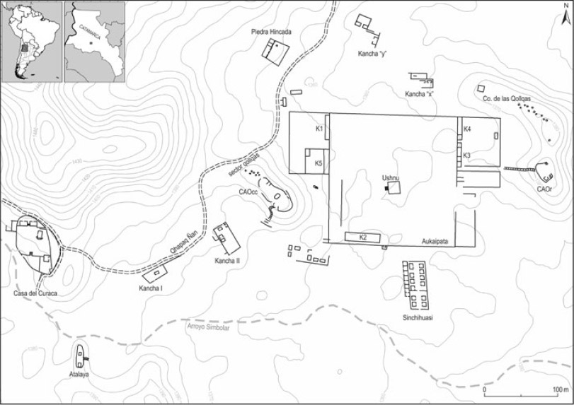 Figura 1. Plano del sitio El Shincal de Quimivil (CAOcc.= Cerro Aterrazado Occidental; CAOr.= Cerro Aterrazado Oriental; K= kallanka) (Tomado y modificado de Raffino <em>et al</em>. 1982, lámina 4 y Farrington 1999:62)