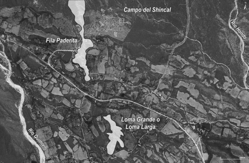 Figura 3. Ubicación de la fila Paderita y el cerro Loma Larga en relación al sitio El Shincal de Quimivil