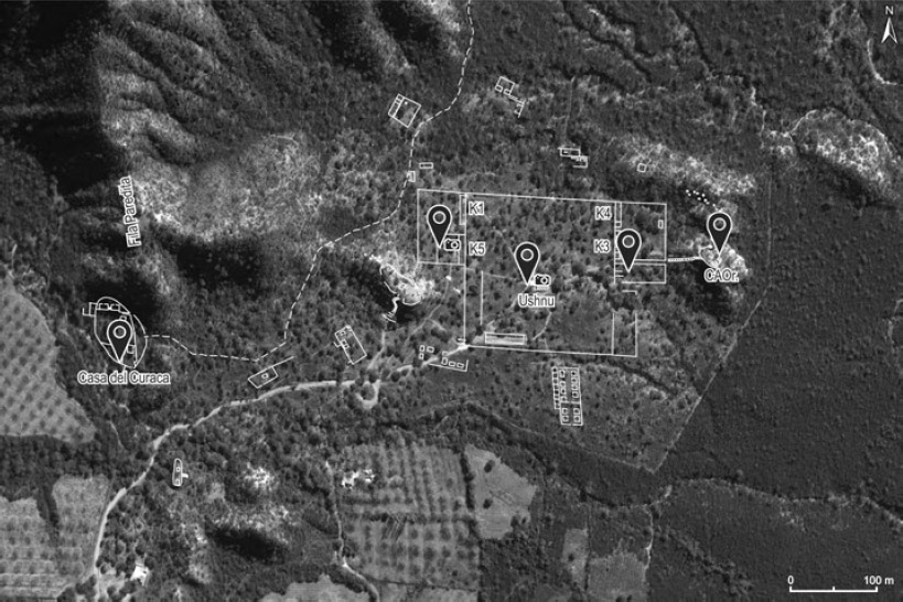 Figura 6. Ruta de la expedición realizada dentro del sitio El Shincal de Quimivil (CAOcc.= Cerro Aterrazado Occidental; CAOr.= Cerro Aterrazado Oriental; K= kallanka)