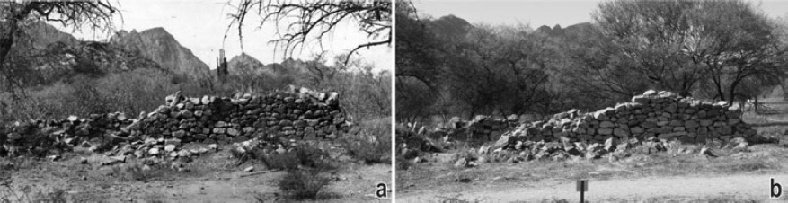 Figura 7. Segmento de la pared frontal de la kallanka 5; a: fotografía realizada por Weiser el 20 de noviembre de 1925 (MLP-Ar. Fotografías VIII° Expedición Arqueológica Benjamín Muniz Barreto a la Provincia de Catamarca, 1925/1926); b: fotografía realizada por nosotros el 19 de febrero de 2015 de la misma pared de piedra fotografiada por Weiser