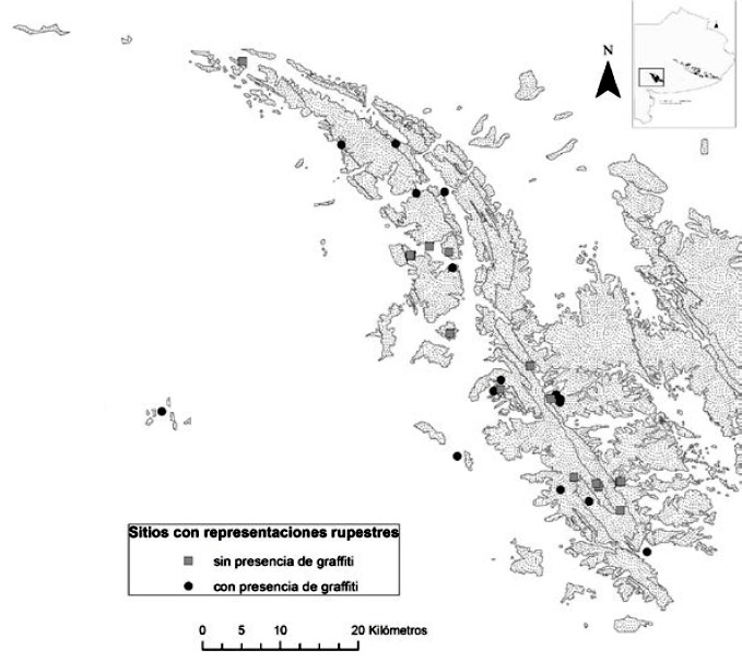 Figura 1: Mapa de los sitios con presencia de graffiti del Sistema Serrano de Ventania y su llanura adyacente)