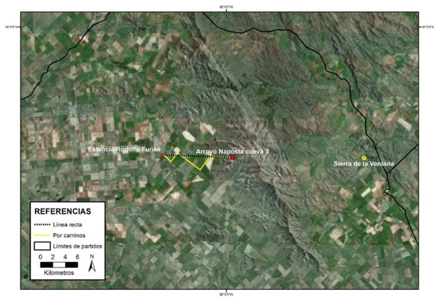 Figura 5: Mapa de las distancias por caminos y en línea recta entre el sitio Cueva 3 Arroyo Napostá y la Estancia Rodolfo Funke