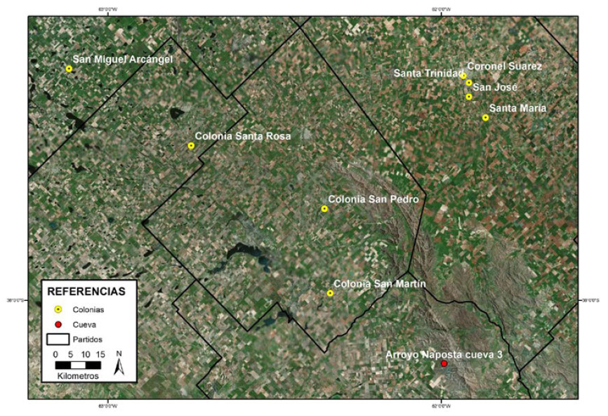 Figura 6: Mapa de la ubicación de las colonias de grupos de alemanes Volga de principios de Siglo XX y su distancia respecto al sitio Cueva 3 Arroyo Napostá, partido de Tornquist