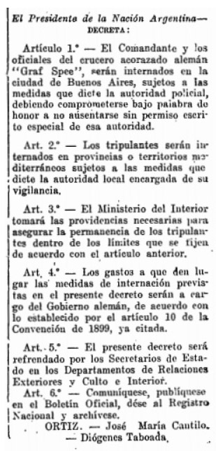 Figura 8: Decreto 50826/1939 del Poder Ejecutivo Argentino que establecela internación de los marinos del acorazado alemán “Graf Spee”.Fecha de Publicación: 05/01/1940. Ministerio de relaciones Exteriores y Culto