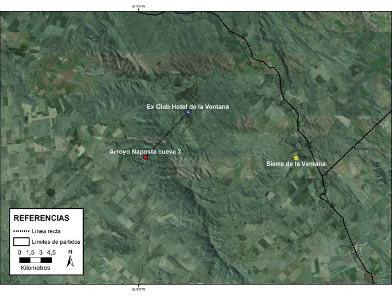 Figura 10. Mapa de la distancia entre el Ex Club Hotel de la Ventana y el sitio arqueológico Cueva 3 Arroyo Napostá, Partido de Tornquist