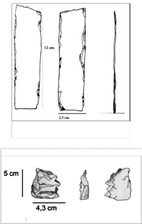 Figura 4: Arriba: cuchillos de filita del sitio Soria 2. Abajo: raedera de cuarzo de la U48 R3