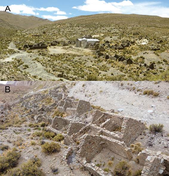 Figura 2. Vista general de las construcciones. A: en Antiguyoc 1 y B: en Ajedrez