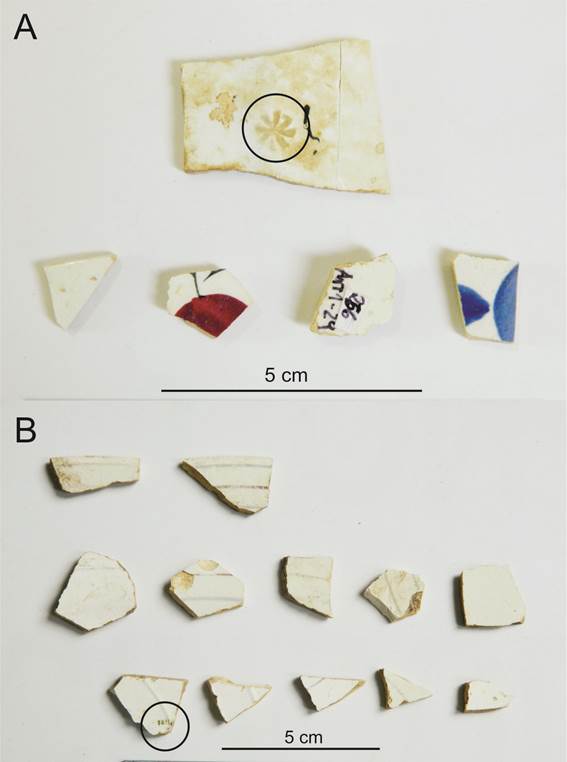 Figura 6. Fragmentos de loza de Antiguyoc, los círculos señalan las marcas de fabricante identificadas