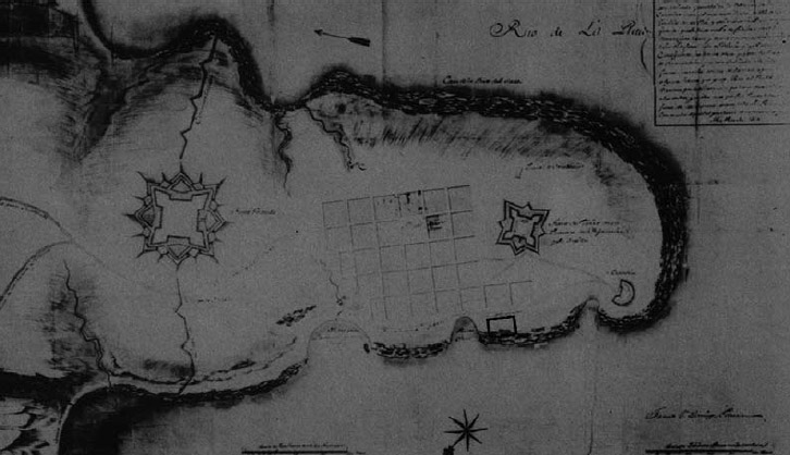 Figura 2. Carta “Planta de la Península de Sn. Phelipe de Montevideo, donde esta delineado y establecida la Población con familias de Canarias desde el mes de Noviembre de 1726, y Algunas familias de este Pais..." (Ing. Domingo Petrarca 1730, en: González et al. 1950). Se señala la localización de la manzana