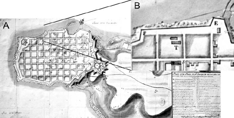 Figura 3. A. “Plano de la Plaza de Sn. Phelipe de Montevideo, en el Río de la Plata con sus fortificaciones ejecutadas y por ejecutar" (Ing. Francisco Rodríguez Cardoso 1770, en: Centro Municipal de Fotografía. Intendencia Municipal de Montevideo. 20agi Fondo Municipal Histórico); B: Detalle del plano