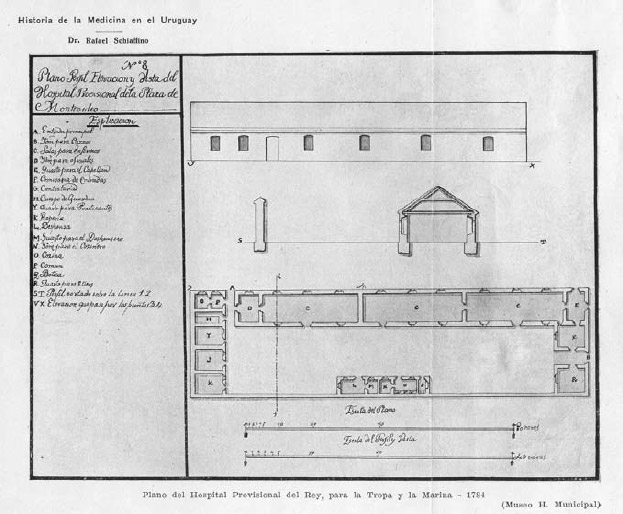 Figura 5. “Plano del Hospital Provisional del Rey, para la Tropa y la Marina - 1784" (en: Schiaffino 1937). Según H. Martínez Montero (1968) este plano sería el que fuera proyectado y ejecutado puesto que se encuentra publicado otro plano similar (en: Traverso 1976) que fuera proyectado pero al final no fue el que verdaderamente se ejecutó