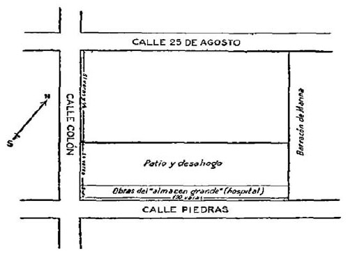 Figura 6. Detalle de la manzana contigua a la del área de estudio en donde se ilustra las obras del Hospital y su unión con el muro E del Barracón de Marina. Interpretación del autor (en: Ferrés 1975)