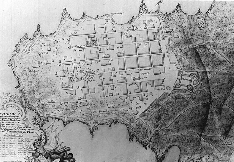 Figura 7. “Plano de la Ciudad de Montevideo situada a los 34*55” en la América Meridional sacado el año 1783 siendo virrey el Ex.mo señor Don Juan Jose Vertis y Salzedo, The.te General de los Rea.s Exercitos de S.M.". 1783. Obsérvese la unión del Hospital de Marina a la manzana citada