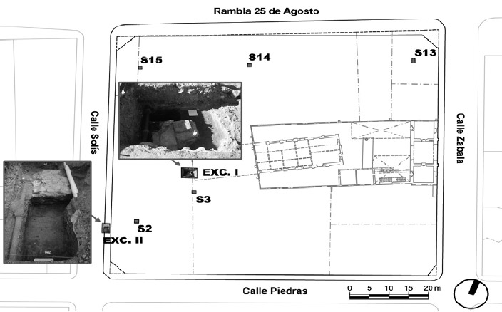 Figura 17. Plano general de la manzana con la localización de las intervenciones arqueológicas y la señalización de las estructuras recuperadas (al este correspondiente al Hospital de Marina y al centro-Este de la manzana correspondiente al cuerpo central del Apostadero Naval). Obsérvese el croquis de las estructuras aún en pie del cuerpo central del Apostadero Naval (relevado en el campo), y la proyección del muro sur hacia la excavación I