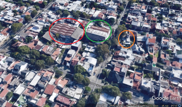 Figura 3: A) Casa con torre, B) Área que fuera de servicios, C) Sector en donde se ubicaban las caballerizas. Fuente: Google Earth, 7 de enero de 2019