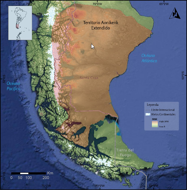 Figura 1. Territorio Aonikenk extendido. Proyección PSEUDO MERCATOR. Modificado de Saletta y Sacchi 2019