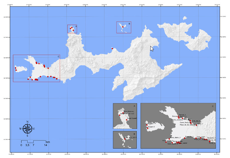 Figura 2. Localización de los sitios loberos en la península Byers (fuente: LEACH)