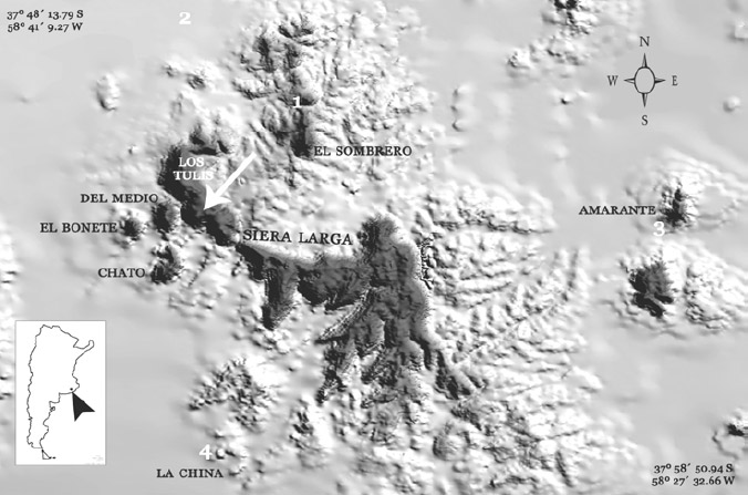 Figura 1. Mapa del área con referencia a los cerros. La flecha indica la ubicación del sitio Los Tulis. Referencias de otros sitios: 1. San Verán; 2. Dos Naciones; 3. Corral de los Indios; 4. Cerro La China 1, 2 y 3