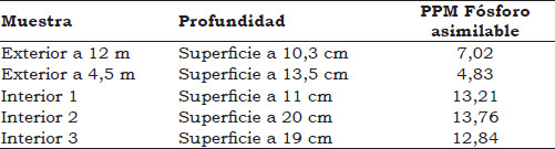 Tabla 1. Resultados de los análisis de fósforo asimilable en muestras de sedimentos del sitio Los Tulis