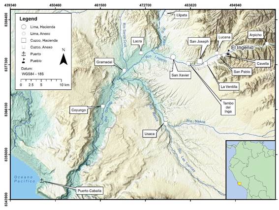 Figura 1. Mapa de la Cuenca del Río Grande de Nasca con la ubicación de las haciendas San Joseph y San Francisco Xavier, y sus anexos