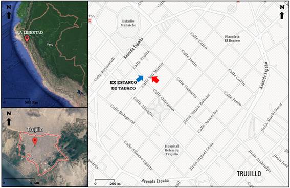 Figura 1. Mapa del Perú indicando la ubicación de la Ciudad de Trujillo y plano urbano del Centro Histórico de Trujillo