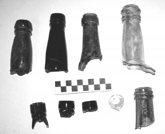 Figura 6. Picos de botellas de vino, cerveza, licor y frascos medicinales correspondientes a 1870/80 y 1920/30