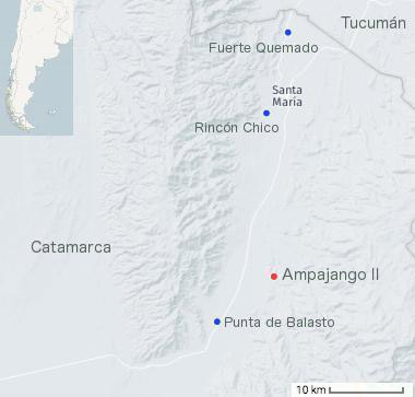 Figura 2. Mapa del sur del valle de Yocavil donde se sitúa el sitio arqueológico de Ampajango II. Elaboración propia