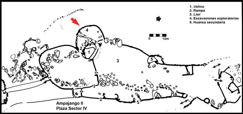 Figura 3. Plano parcial del sitio Ampagango II. La flecha indica el área de hallazgo de la pieza (modificado de Tarragó y González, 2005, p. 134)