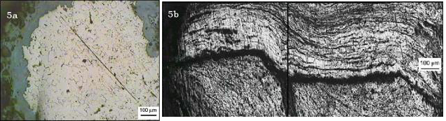 Figura 5a. Metalografía con granos ferríticos e inclusiones sobre corte transversal al alambre (tomada de Cabanillas et al. 2008, p. 124); 5b. Metalografía donde se observan grietas que dividen a la sección de unión del alambre en tres zonas (tomada de Cabanillas et al. 2008, p. 125)