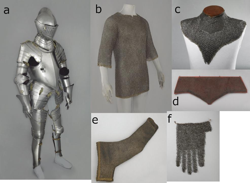 Figura 9: a. Armadura completa rígida (c. 1580); b. Cota (camisa) (segundo cuarto del siglo XV); c. Manto de obispo o alpartaz (protector de cuello y tórax) (finales del siglo XV); d. Bragadura, fragmento (siglo XVI); e. Manga (siglo XV - XVI); f. Guanteletes (lado de la palma) (c. 1600) (Adaptado de The Wallace collection, s.f.