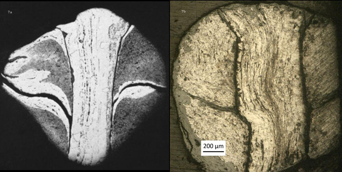 Figura 7. Metalografías de sección transversal de anillas remachadas. a. del siglo XVI de origen alemán (Smith, 1959: figura 12); b. de Ampajango. En ambas se registra la unión de las anillas remachadas en el centro de la imagen y en sus extremos la superposición del alambre
