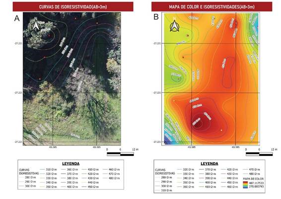 Figura 7. A: Imagen satelital con curvas de isoresistividad; B: Visibilización de las isoresistividades en un mapa de calor