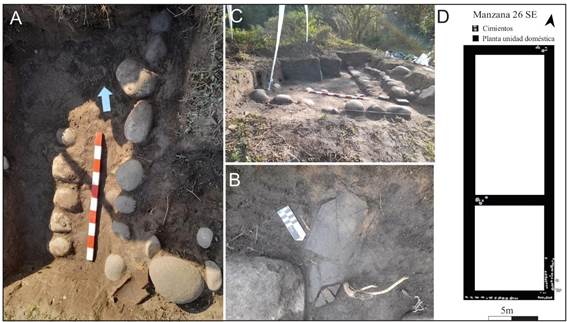 Figura 8. A: Excavación realizada en el punto con un valor de 458 Ω m; B: Descubrimiento de los cimientos de la casa, correspondiente al valor 459 Ω m; C: Extensión de las excavaciones; D: Plano de la vivienda encontrada