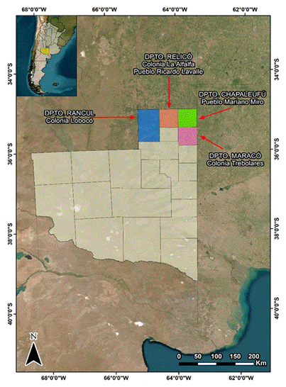 Figura 1. Se destacan los Departamentos de La Pampa, República Argentina, donde se sitúa la investigación. Elaboración propia