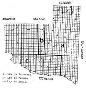 Figura 2. Mapa de la división del Territorio Nacional de La Pampa Central donde se aplicaron las diversas leyes de entrega de tierras (Chaves de Festa, s/f).