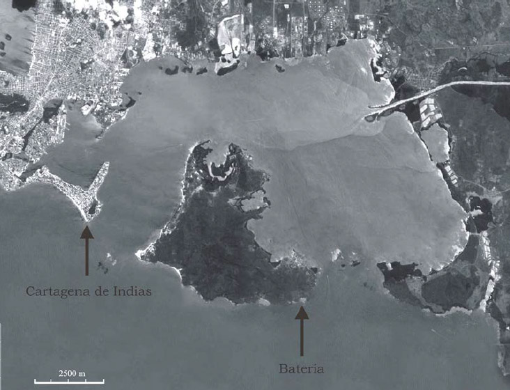 Figura 1. Localización de la construcción militar del litoral oeste de la isla de Tierra Bomba, Cartagena de Indias (Google Earth 2008)
