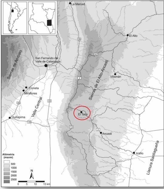 Figura 1. Vista general de la sierra El Alto-Ancasti y la localidad de El Taco, (Catamarca, Argentina). Fuente: modificado de Quesada et al. (2012)