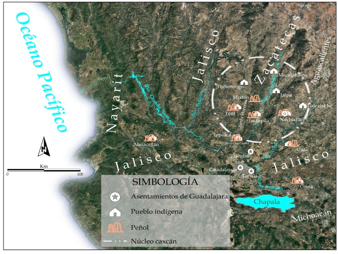 Figura 1. Occidente de México y la región caxcana, los pueblos, peñoles y los diferentes puestos de la villa de Guadalajara. Elaboración propia sobre imagen satelital de Google Earth Pro