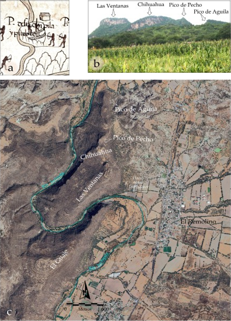 Figura 8: Sitio arqueológico Las Ventanas; a: detalle del Mapa de Nueva Galicia mostrando las albarradas, peñascos y la corriente de agua; b: fotografía panorámica del asentamiento donde se aprecian los grandes acantilados; c: imagen satelital del sitio donde se aprecia el Río Juchipila. 