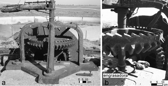 Figura 6. a: Malacate; b: Engrasadora del eje engranaje horizontal