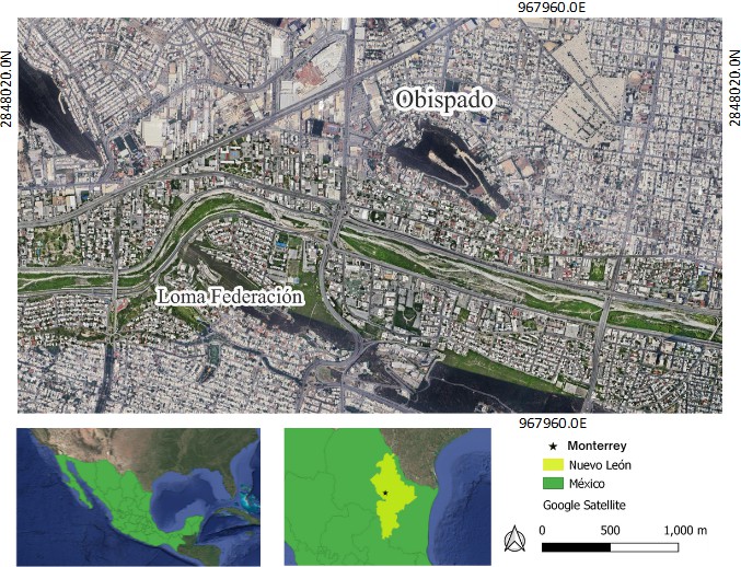 Figura 1. Mapa de localización de la ciudad de Monterrey, Nuevo León, México, mostrando el sector este donde se desarrollaron algunos combates decisivos en el año de 1846. Elaboración propia