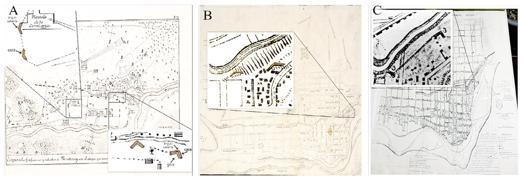 Figura 3. Redanes simples identificados en los planos históricos de Monterrey: A. Plano de Arteaga y Compañía (1846); B. Plano de C.R. Norman (1847). Fuente: University of North Texas Libraries. The Portal to Texas History; C. Plano de Joseph K. Mansfield, J.M. Scarrit y F. Gardner (1846). Fuente: Archivo Histórico Municipal de Monterrey. Copia fotostática