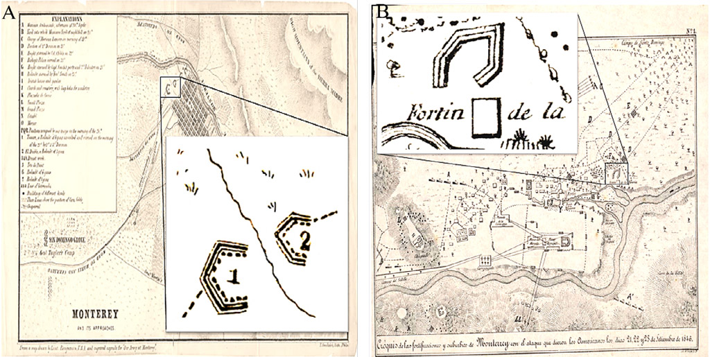 Figura 4. Redanes con flancos o lunetas identificados en los planos históricos: A. Plano de Calvin Benjamin (1848); B. Plano de Arteaga y Compañía (1846). Fuente: University of North Texas Libraries. The Portal to Texas History