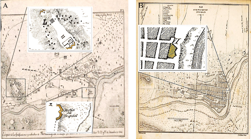 Figura 5. Redanes dobles identificados en los planos históricos: A. Plano de Arteaga y Compañía (1846); B. Plano de Ackerman (1846). Fuente: University of North Texas Libraries. The Portal to Texas History